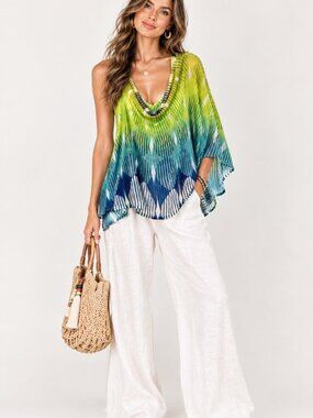 New Vertigo Blue Lime One Sleeve Draped V-Neck Chiffon Blouse Top